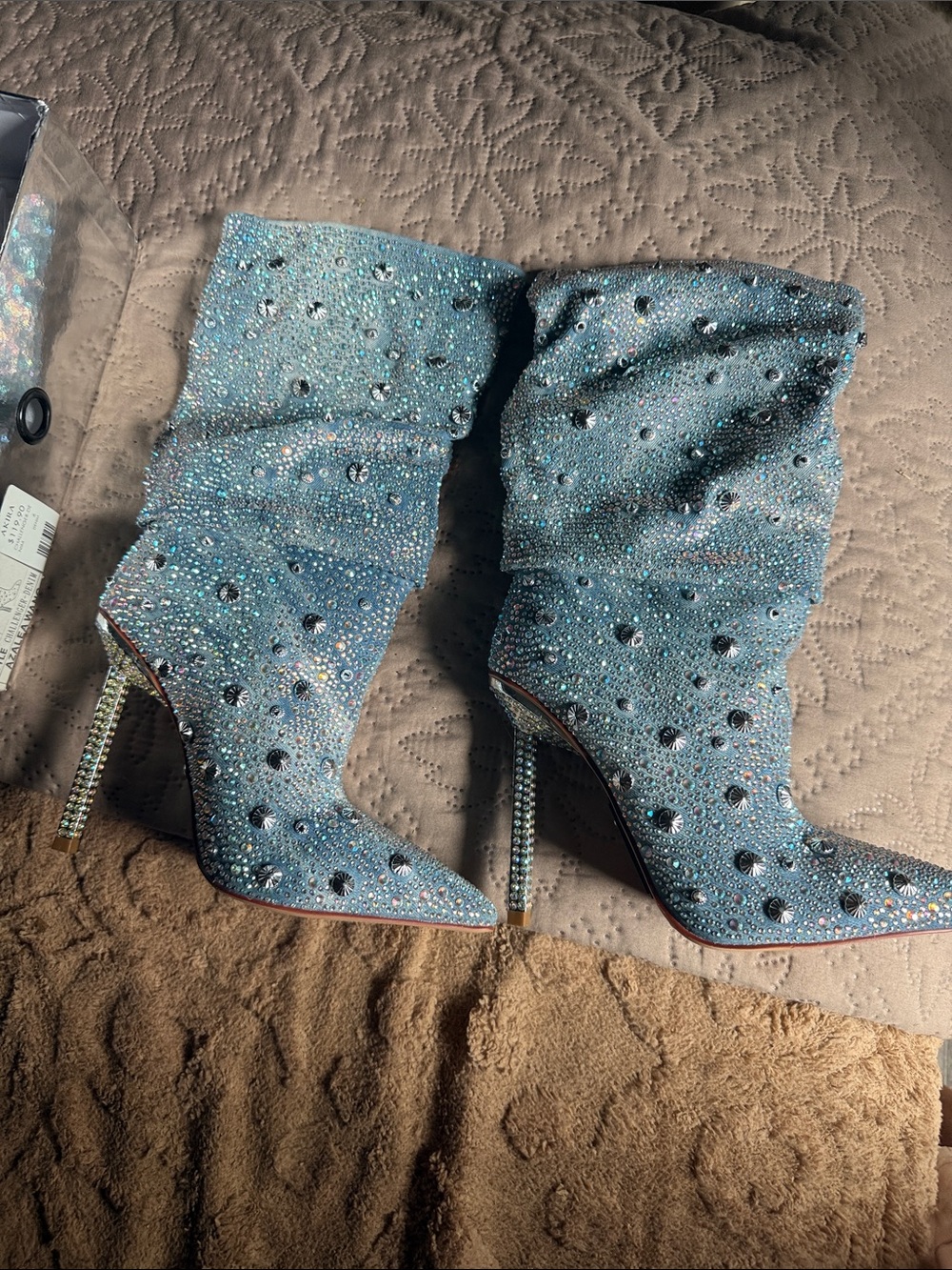 Crystal Embellished Blue High-Heel Slouch Boots